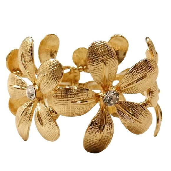 Gold Tone Brass Sculpted Flower with Diamond Cut Crystal Stretch Bracelet - Picture 2 of 6